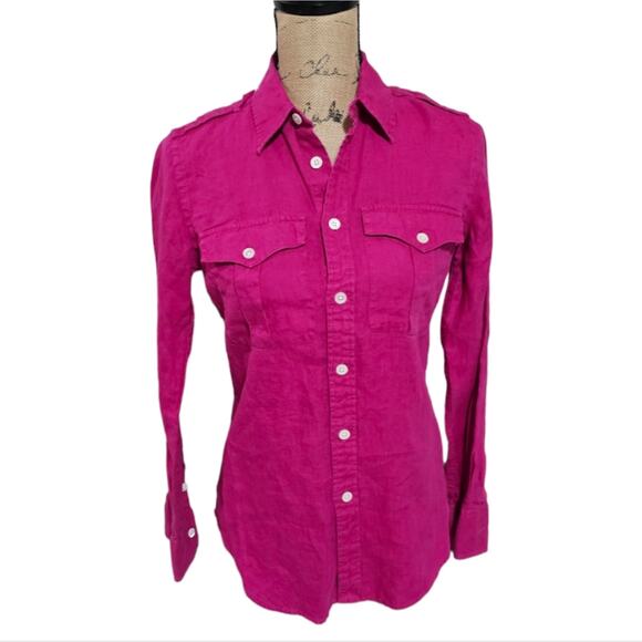 Ralph Lauren‎ Hot Pink Magenta 100% linen Epaulets Button Down Shirt Size 4 - Picture 2 of 9